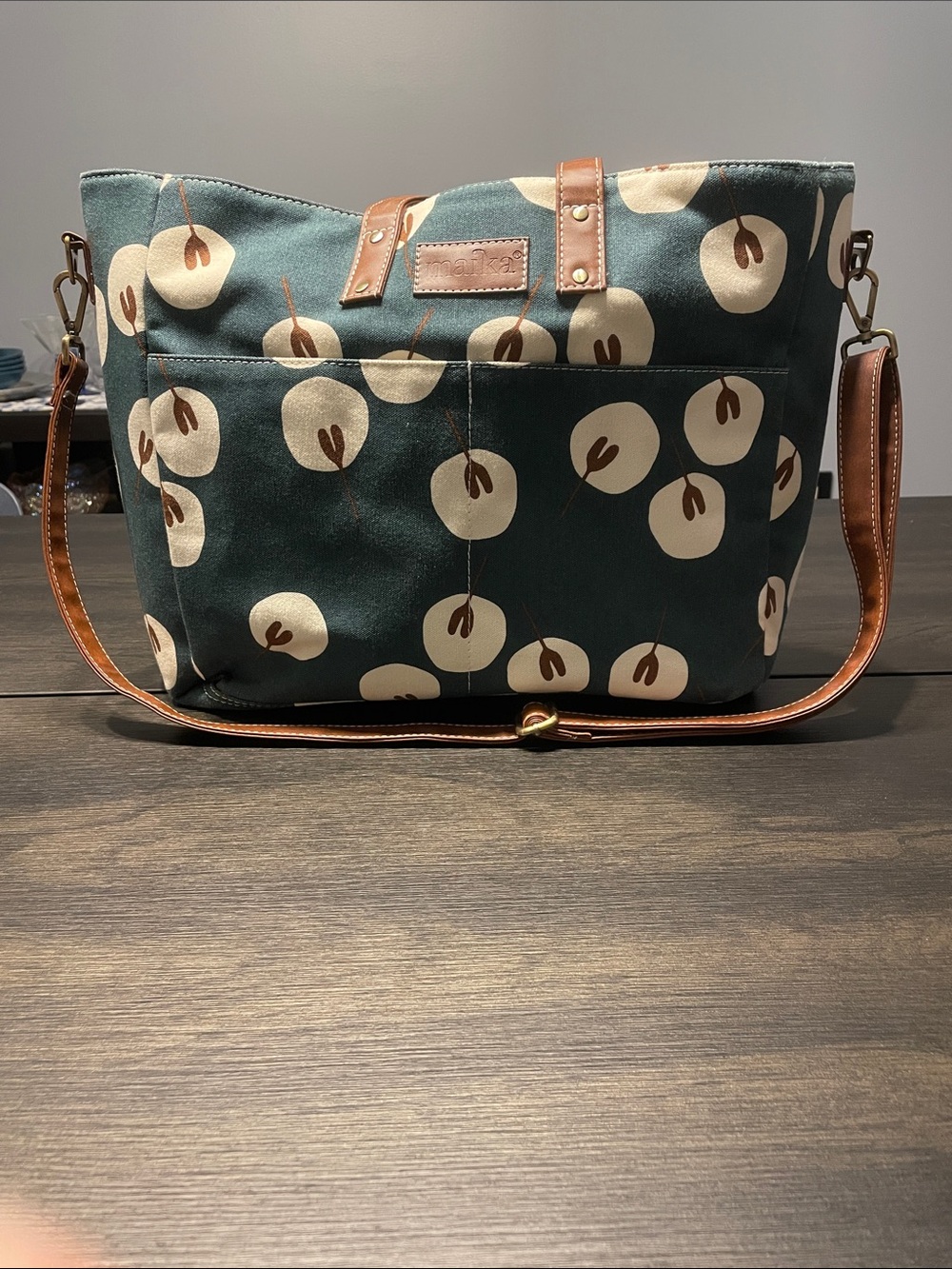 Maika Green Canvas Commuter Tote with Cream Floral Motif and Brown Trim